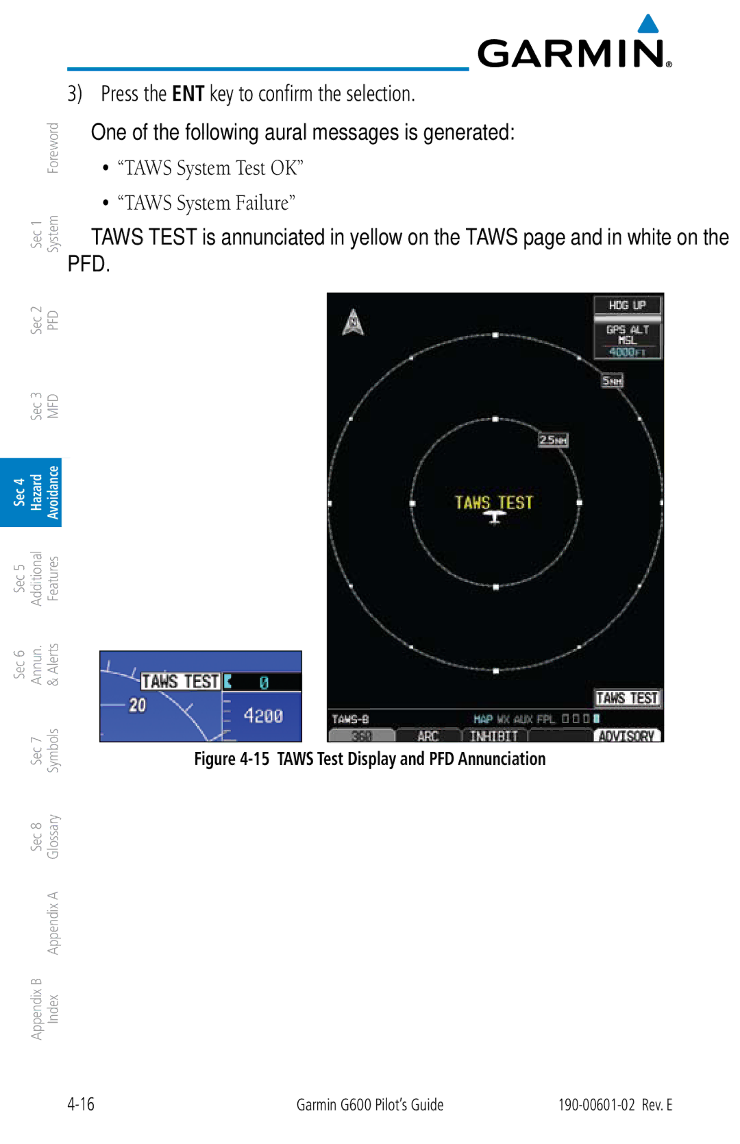 Garmin G600 manual Press the ENT key to confirm the selection, Taws System Test OK Taws System Failure 