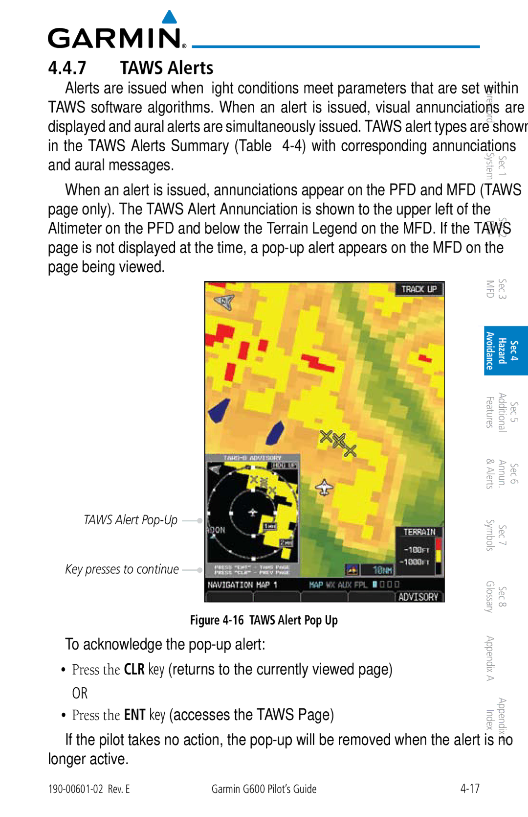 Garmin G600 manual Taws Alerts, Taws Alert Pop-Up Key presses to continue 