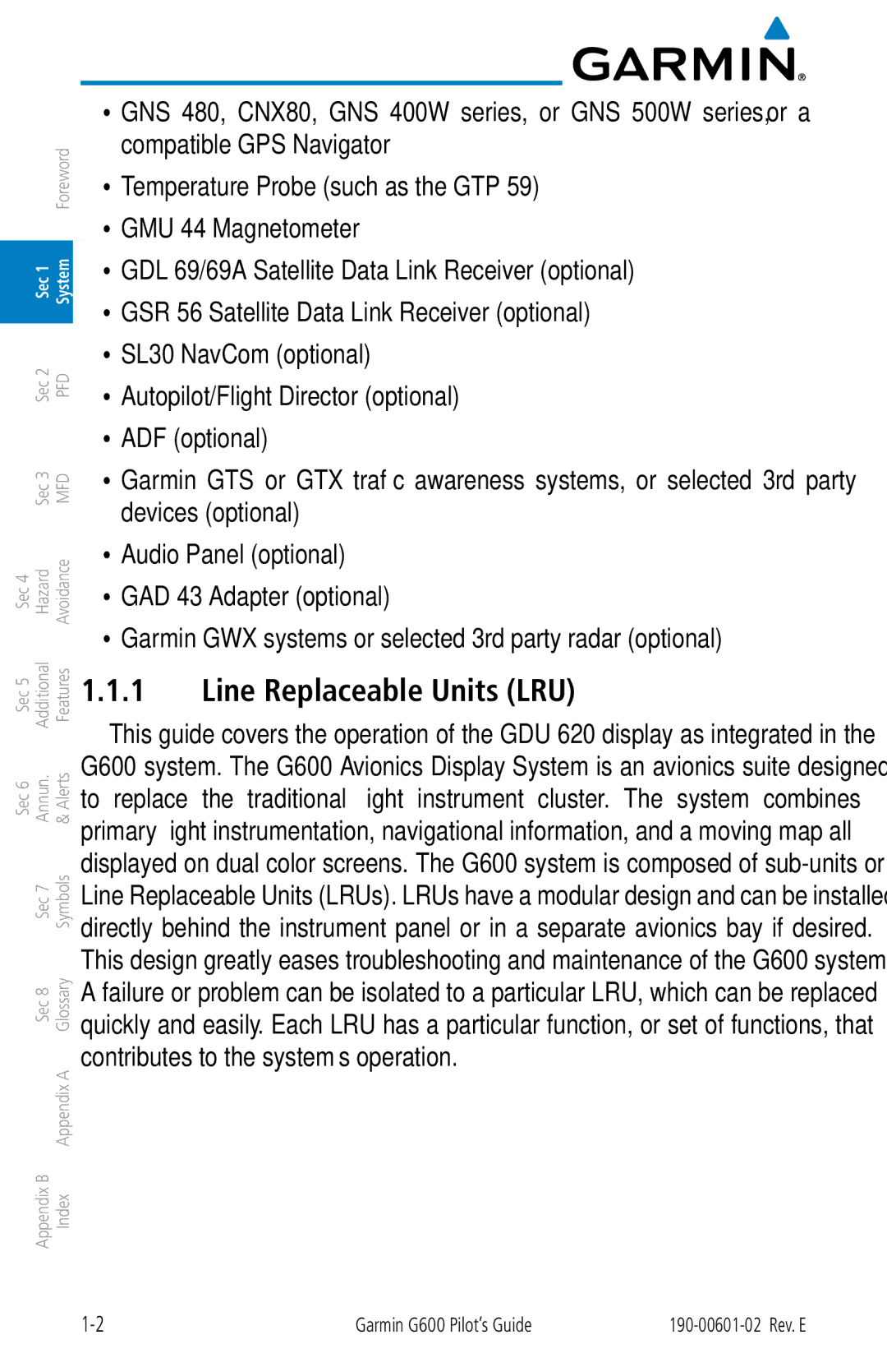 Garmin G600 manual Line Replaceable Units LRU, Sec System 