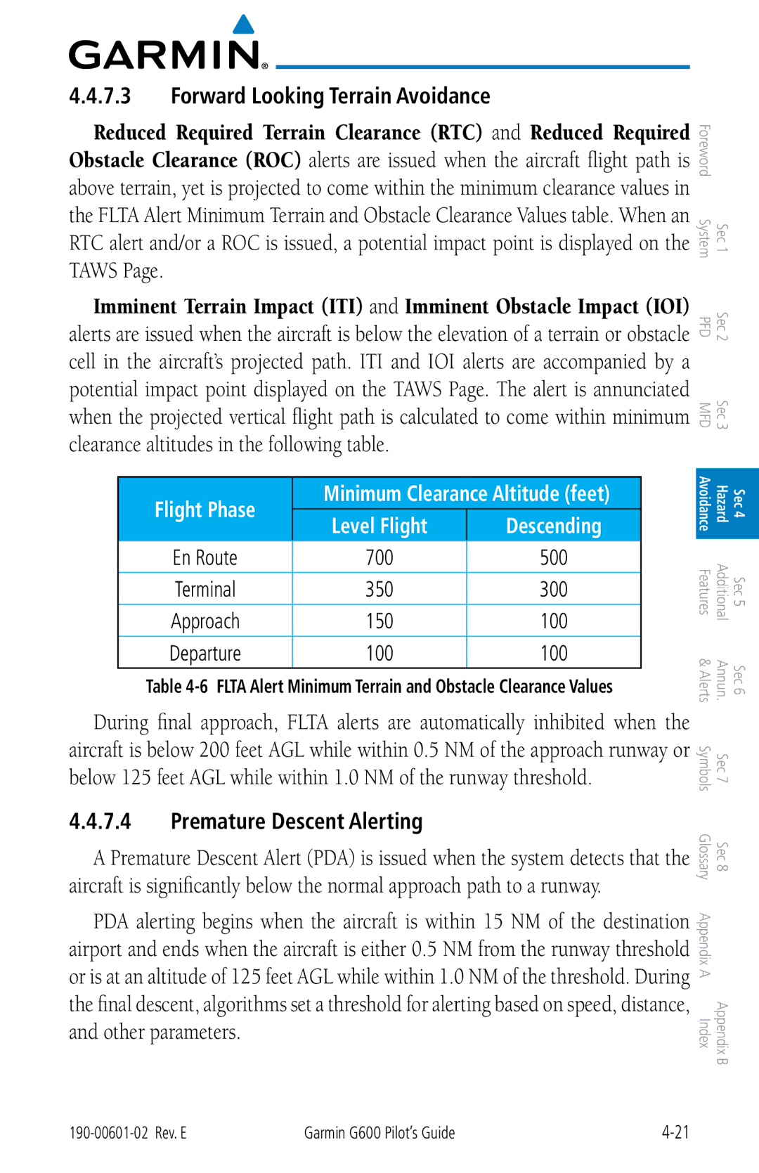 Garmin G600 manual Forward Looking Terrain Avoidance, Premature Descent Alerting 