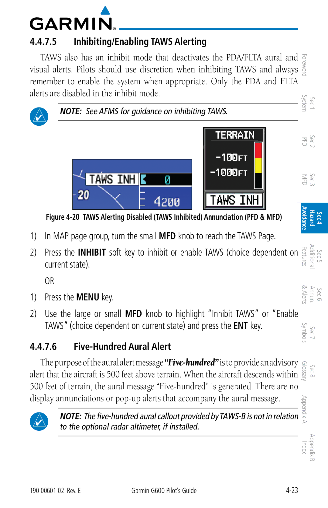 Garmin G600 manual Inhibiting/Enabling Taws Alerting, Five-Hundred Aural Alert 