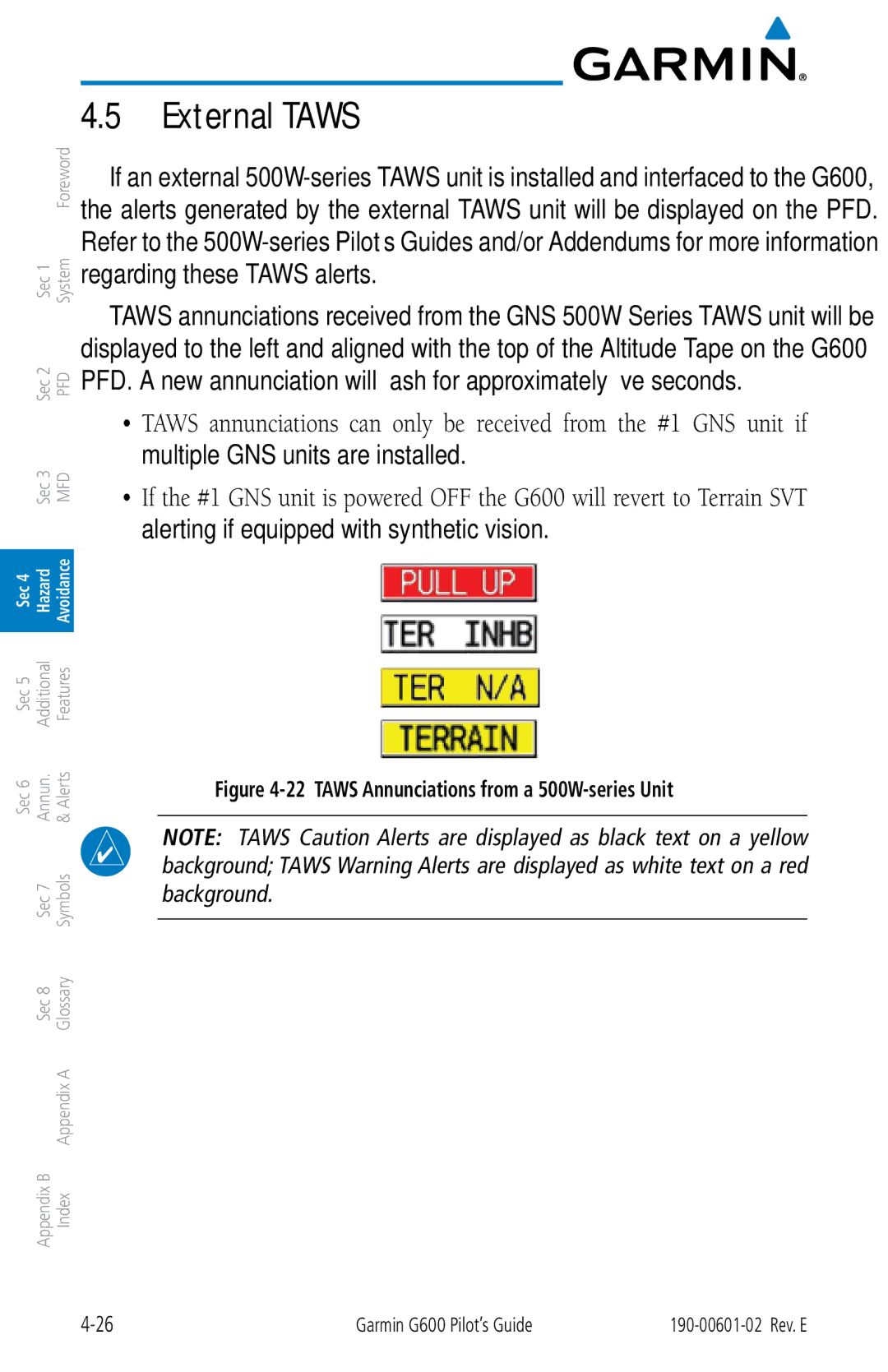 Garmin G600 manual External Taws, Taws Annunciations from a 500W-series Unit 