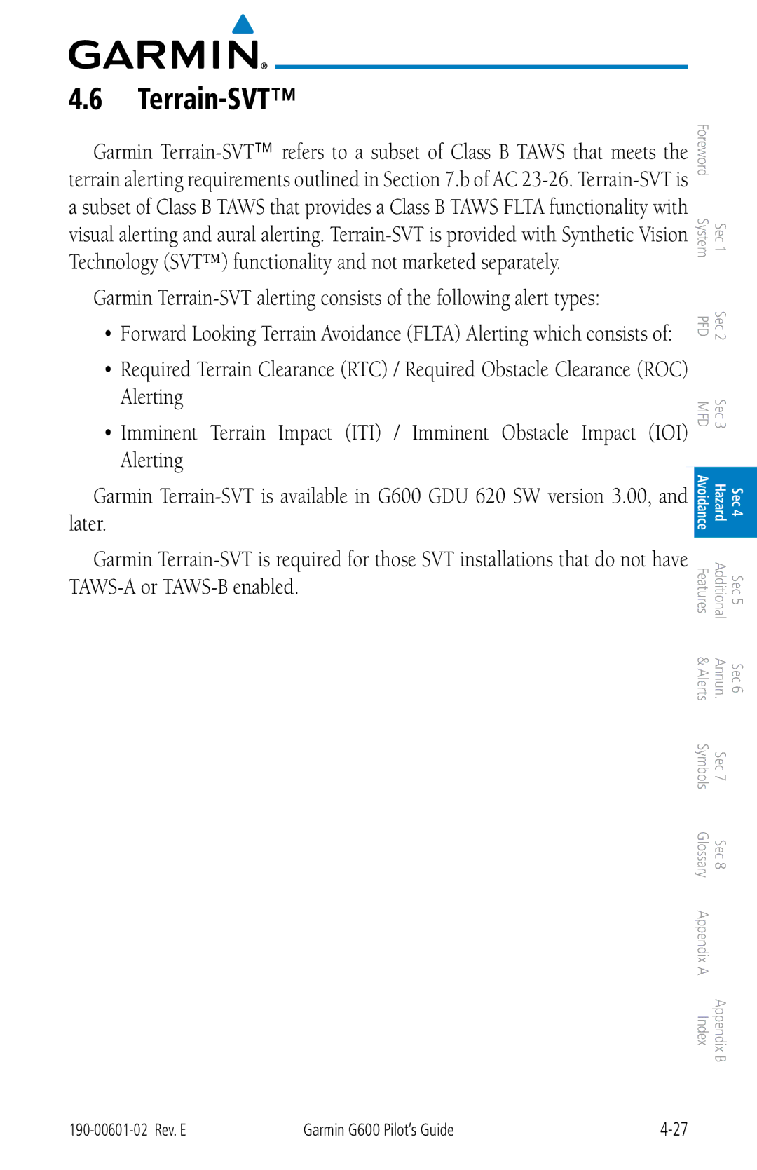 Garmin G600 manual Terrain-SVT 