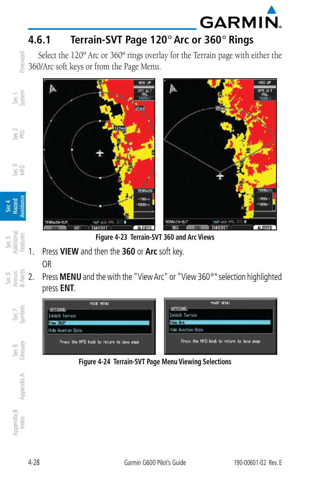 Garmin G600 manual Terrain-SVT Page 120 Arc or 360 Rings, Terrain-SVT 360 and Arc Views 