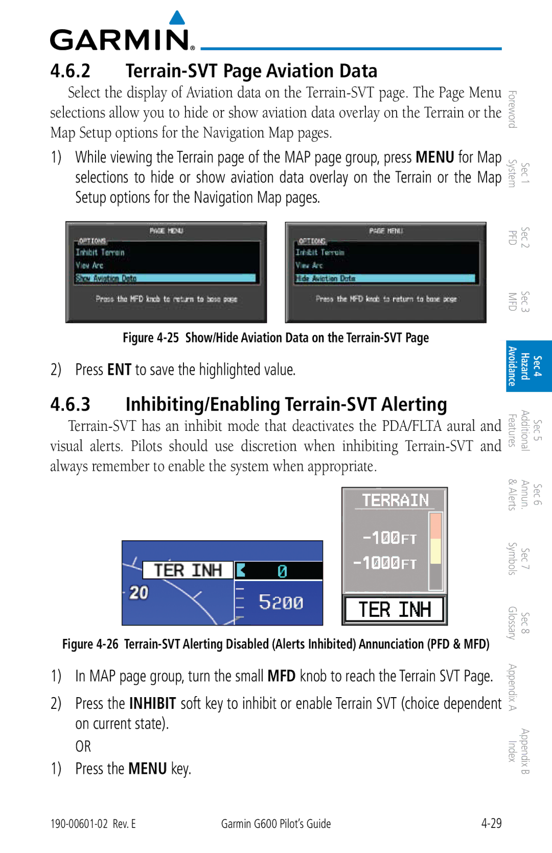 Garmin G600 manual Terrain-SVT Page Aviation Data, Inhibiting/Enabling Terrain-SVT Alerting 