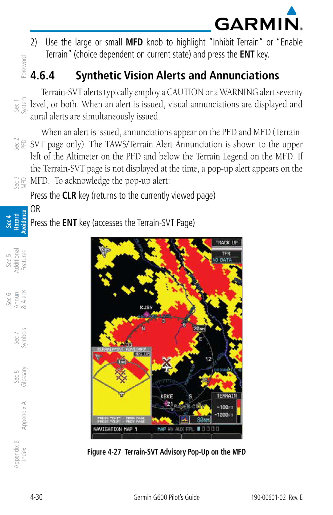 Garmin G600 manual Synthetic Vision Alerts and Annunciations, Terrain-SVT Advisory Pop-Up on the MFD 