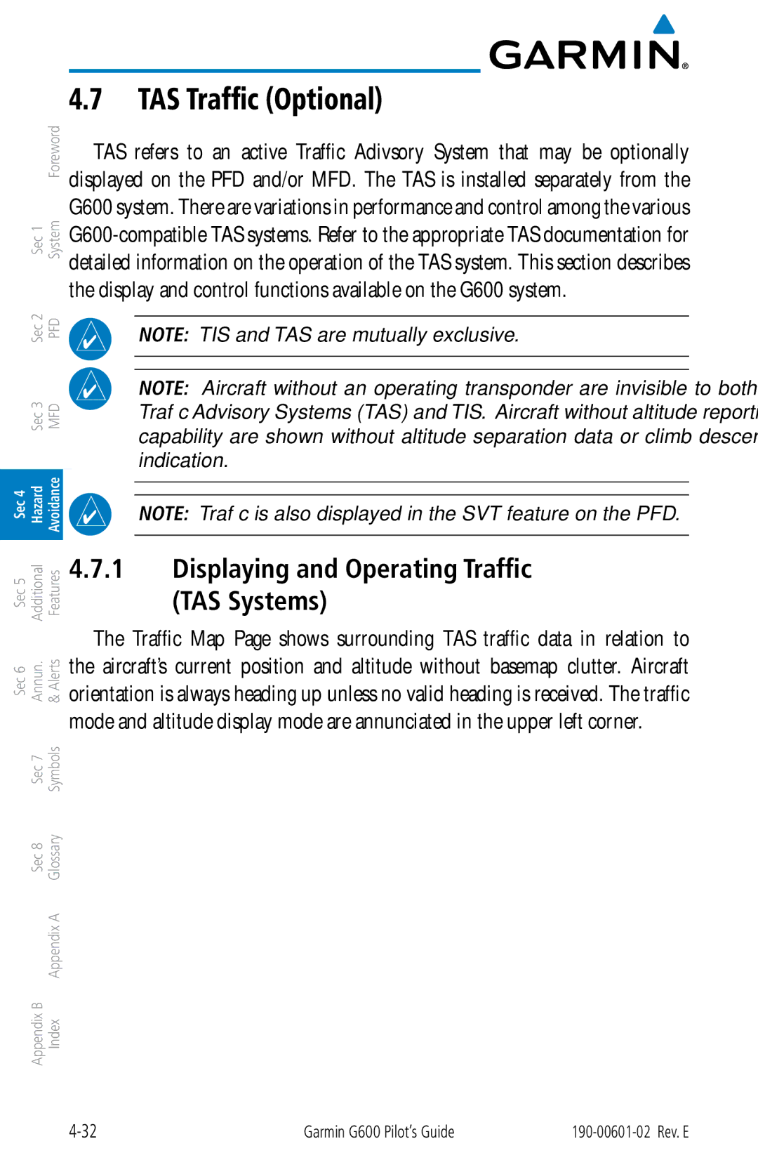 Garmin G600 manual TAS Traffic Optional, Displaying and Operating Traffic TAS Systems 