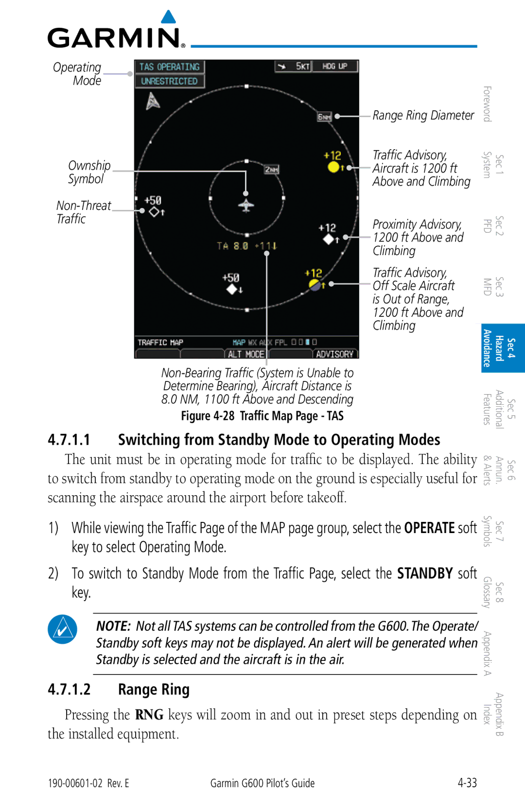 Garmin G600 manual Range Ring, Switching from Standby Mode to Operating Modes 