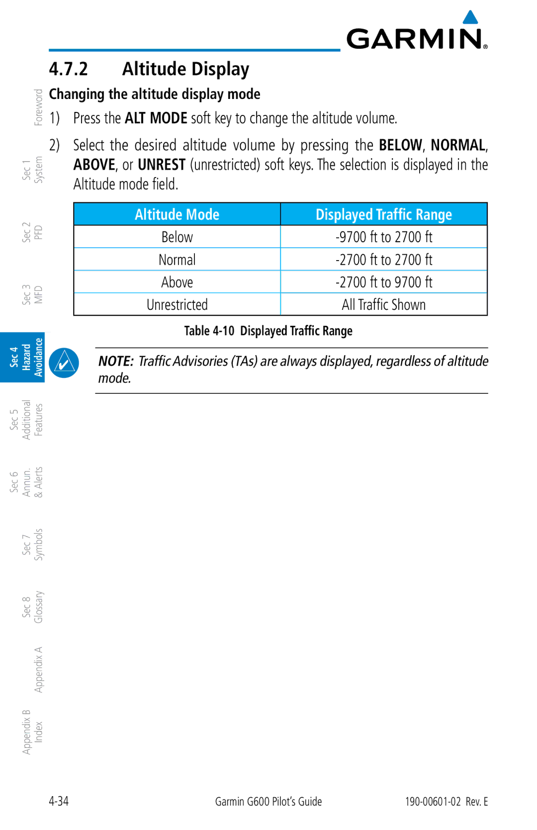 Garmin G600 manual Altitude Display, Changing the altitude display mode, Below Ft to 2700 ft, Displayed Traffic Range 