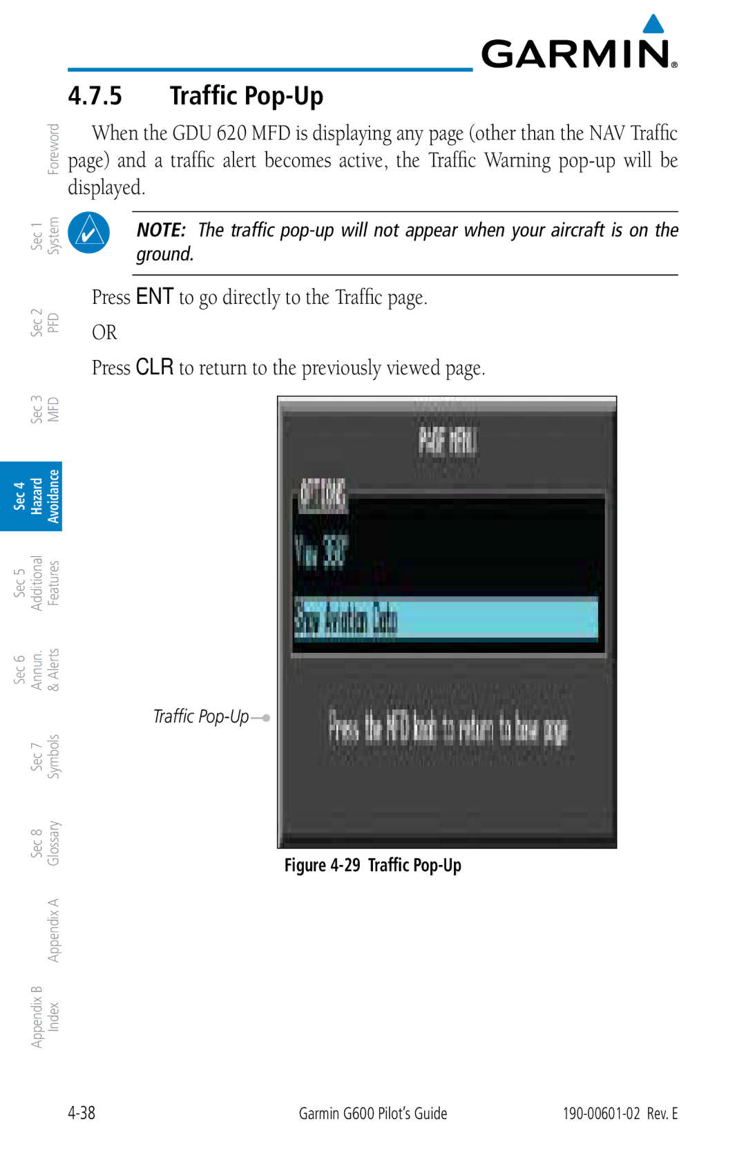 Garmin G600 manual Traffic Pop-Up 
