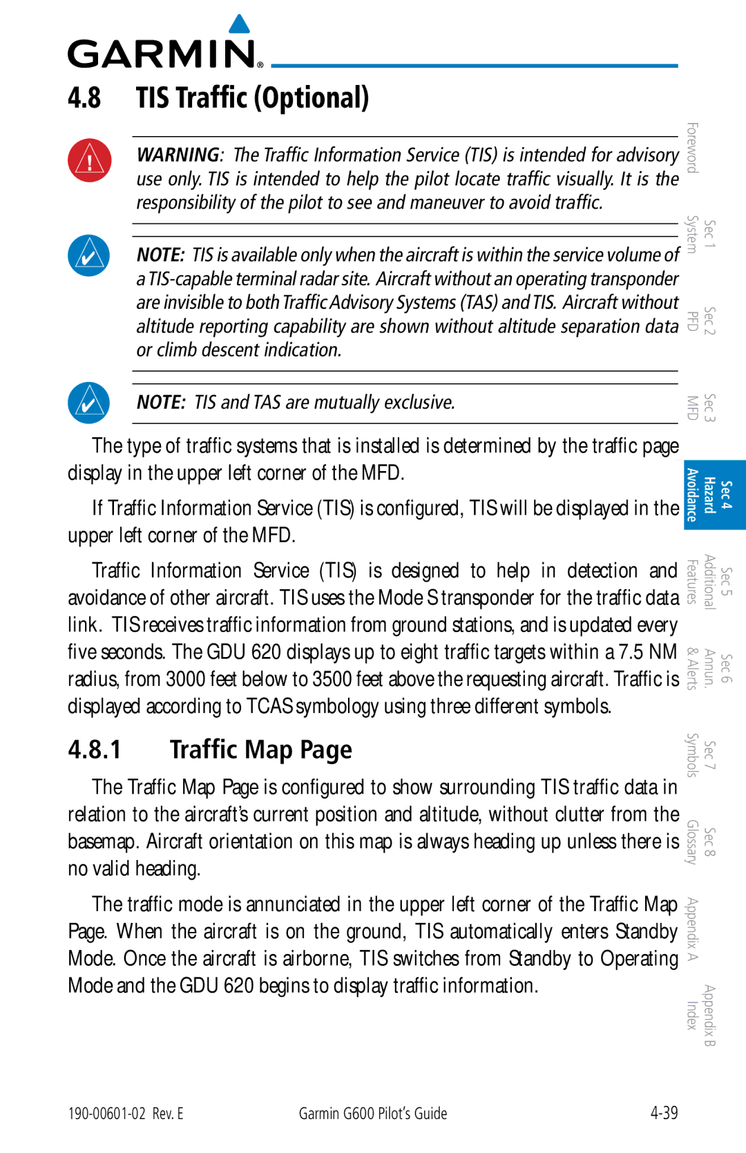 Garmin G600 manual TIS Traffic Optional, Traffic Map 