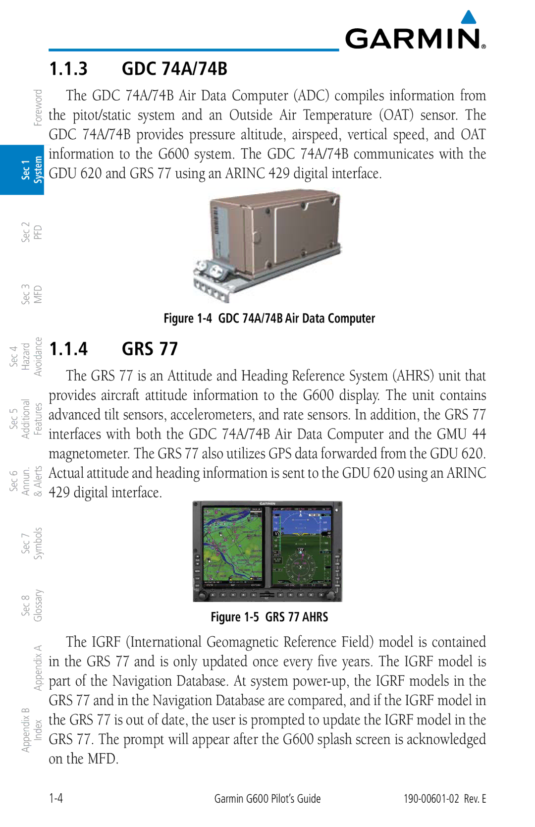 Garmin G600 manual GDC 74A/74B, 4 GRS 