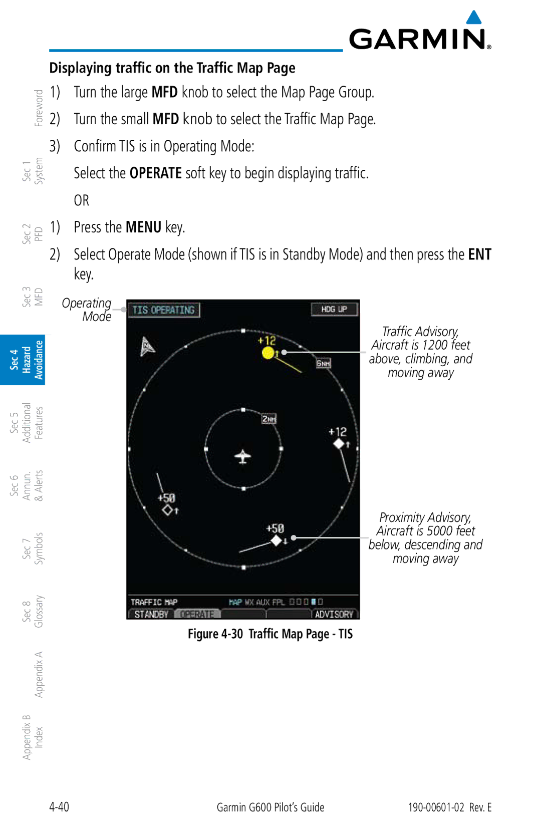 Garmin G600 manual Displaying traffic on the Traffic Map, Traffic Map Page TIS 