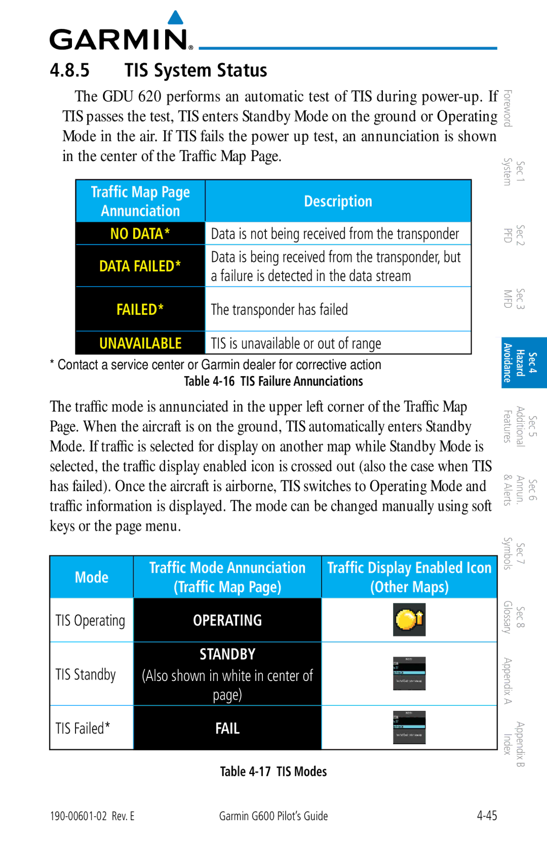 Garmin G600 manual TIS System Status, TIS Failure Annunciations 