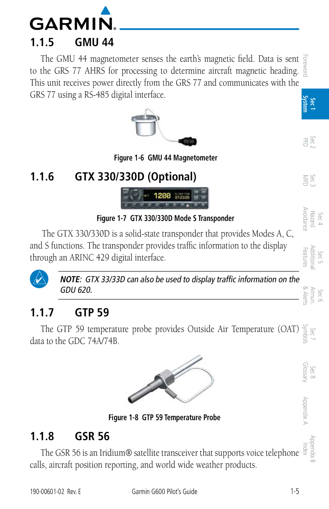 Garmin G600 manual 5 GMU, GTX 330/330D Optional, 7 GTP, 8 GSR 