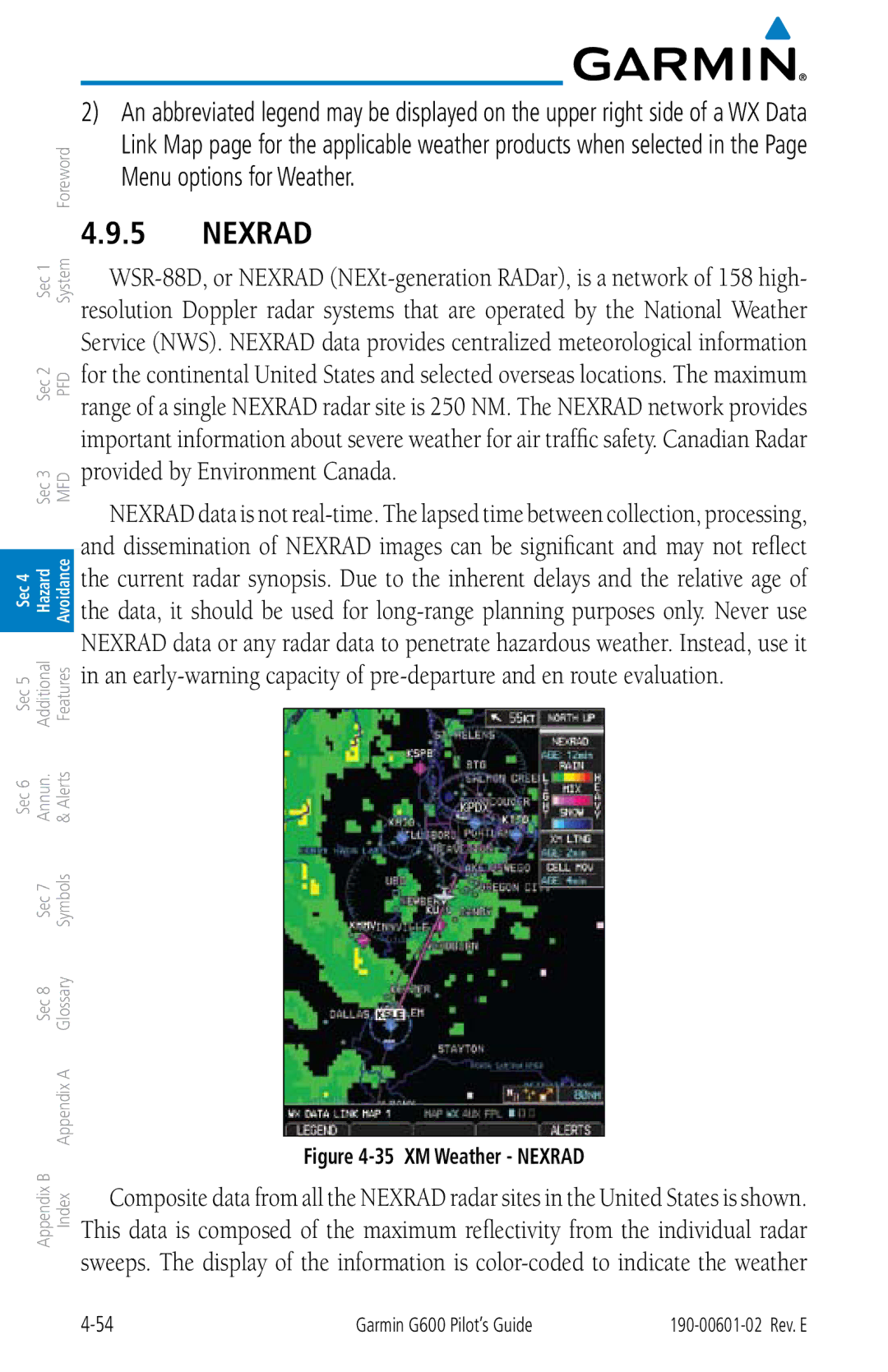 Garmin G600 manual XM Weather Nexrad 