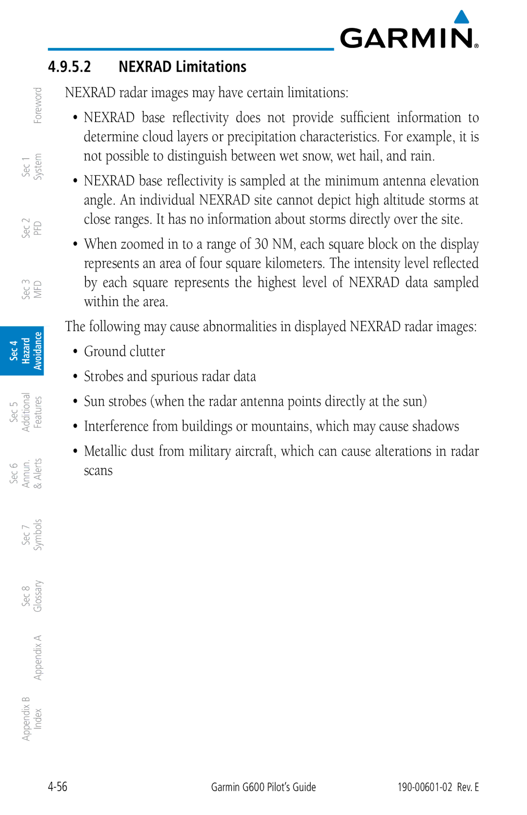 Garmin G600 manual Nexrad Limitations, Nexrad radar images may have certain limitations 