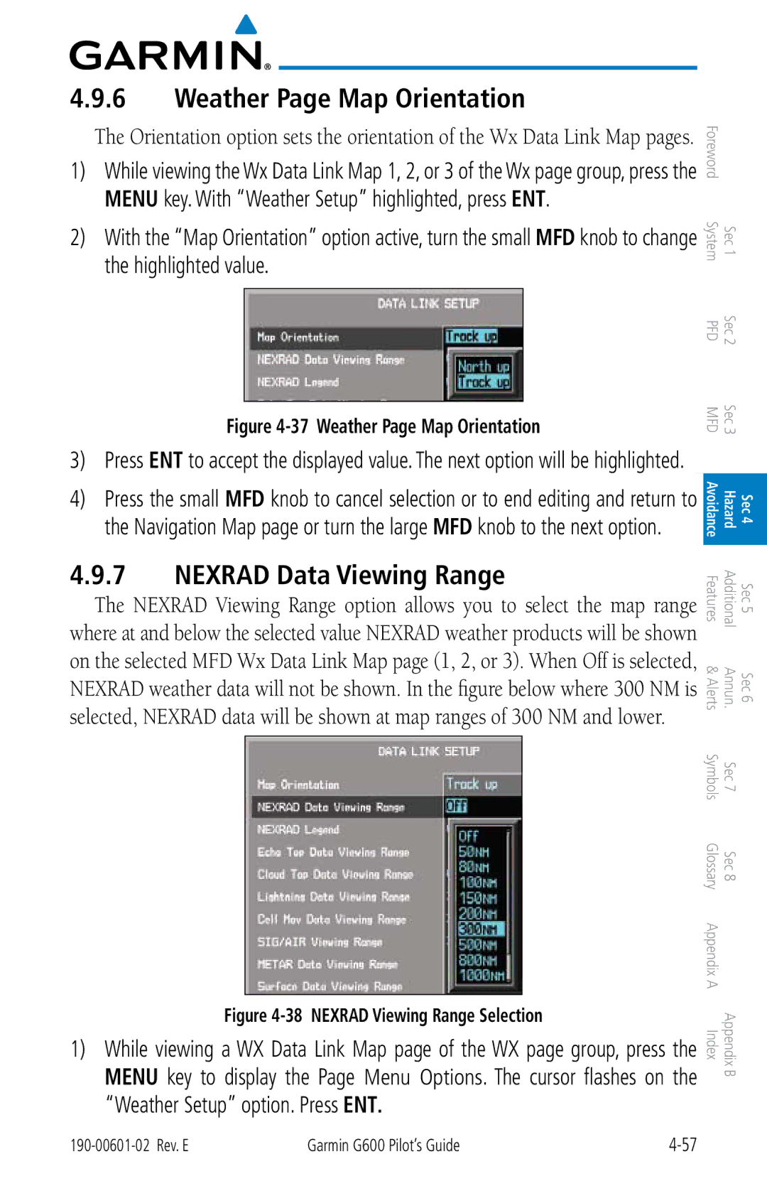 Garmin G600 manual Weather Page Map Orientation, Nexrad Data Viewing Range 