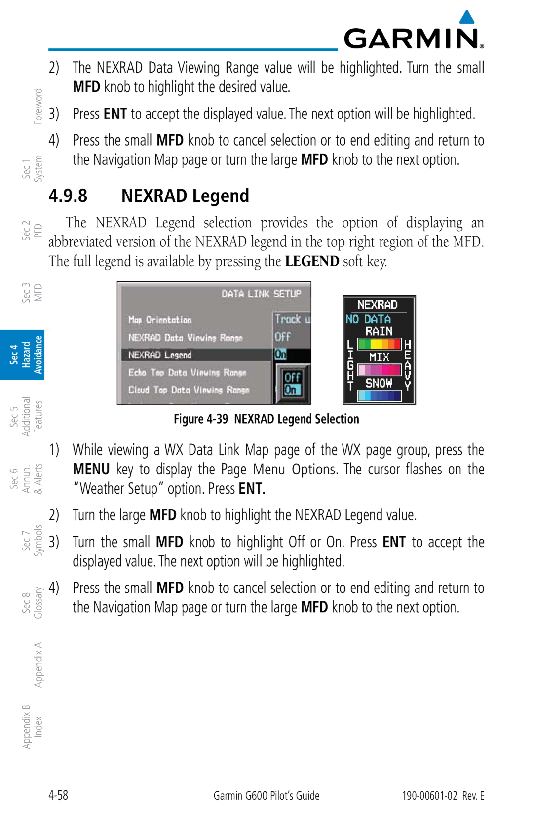 Garmin G600 manual Nexrad Legend Selection 