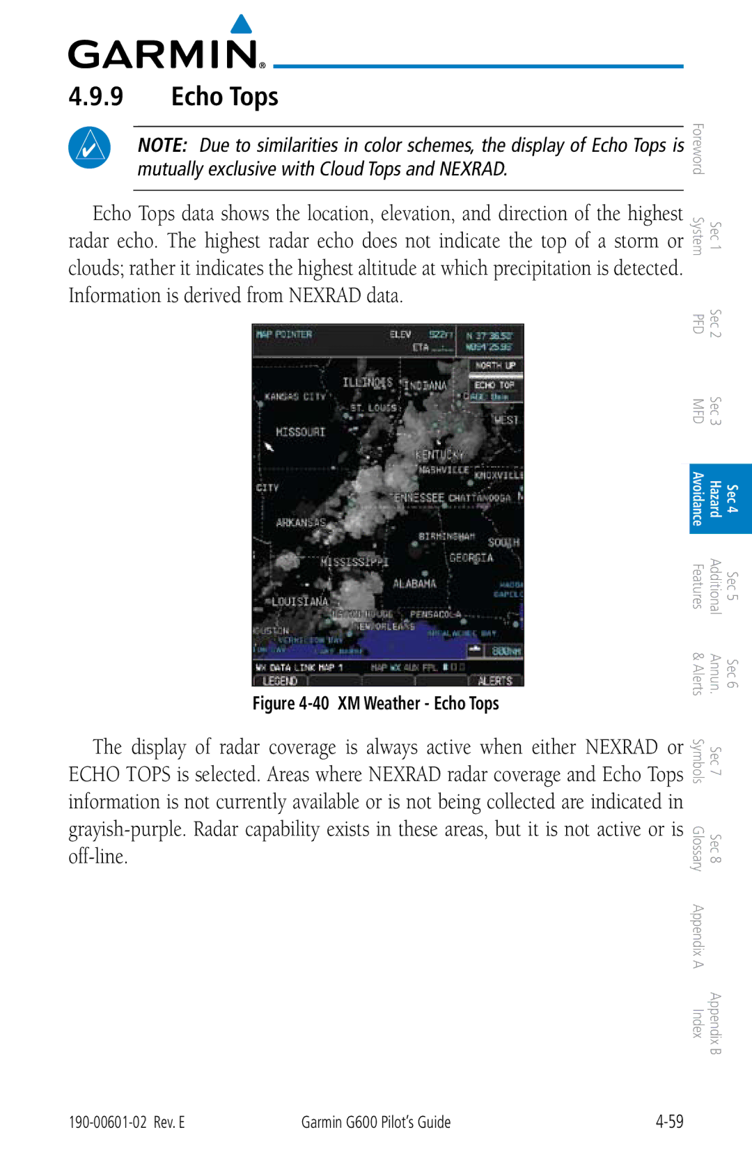 Garmin G600 manual XM Weather Echo Tops 