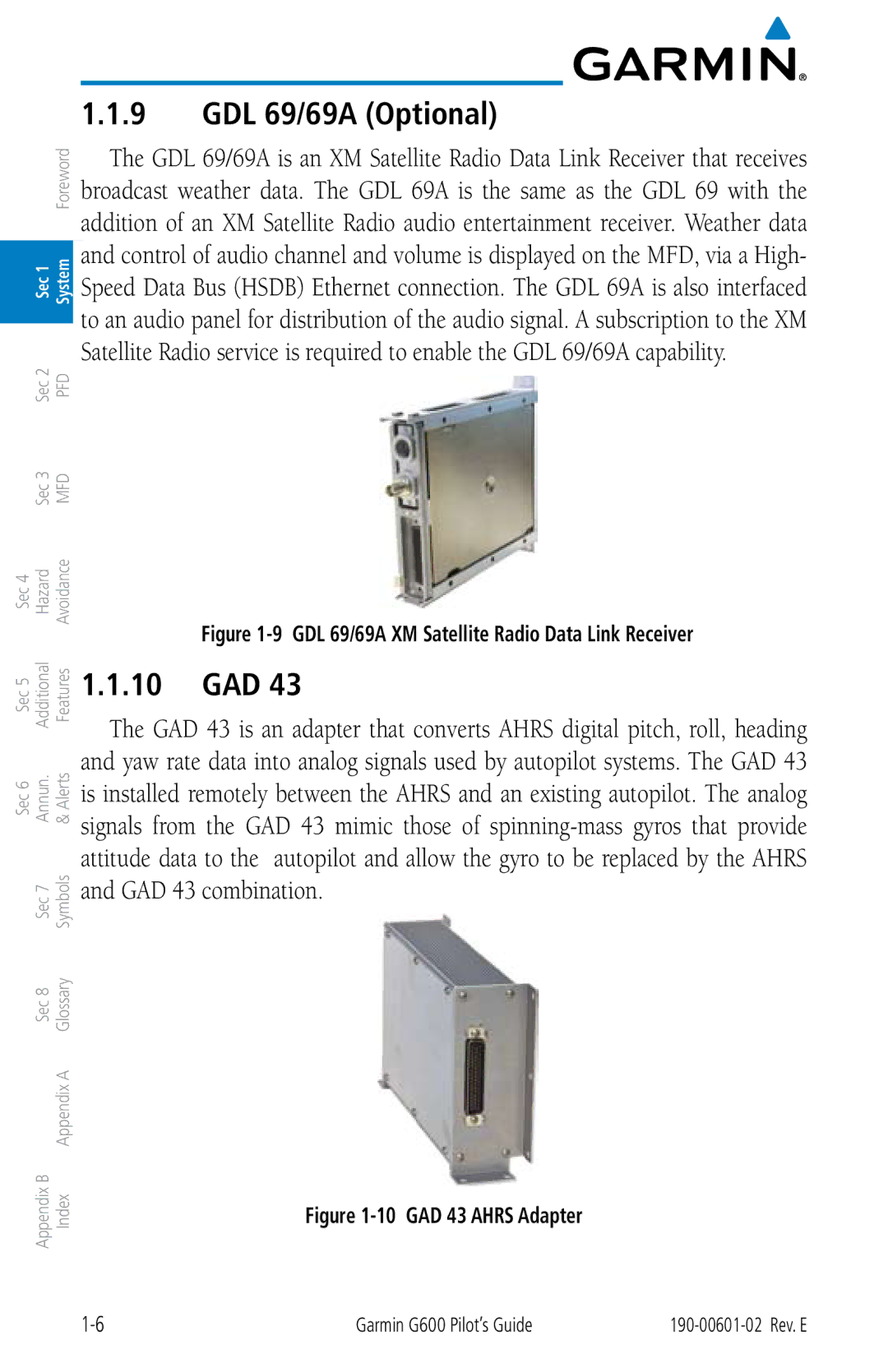 Garmin G600 manual GDL 69/69A Optional, 10 GAD 