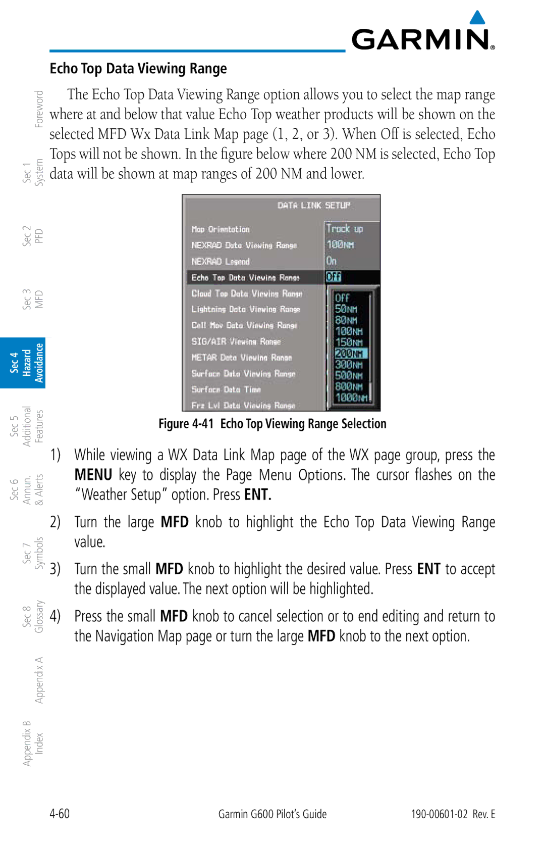 Garmin G600 manual Echo Top Data Viewing Range, Echo Top Viewing Range Selection 