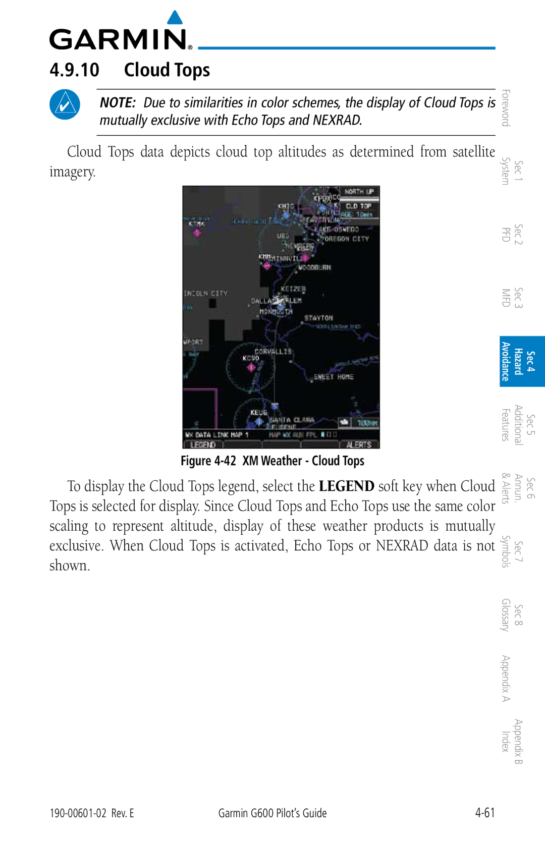 Garmin G600 manual XM Weather Cloud Tops 