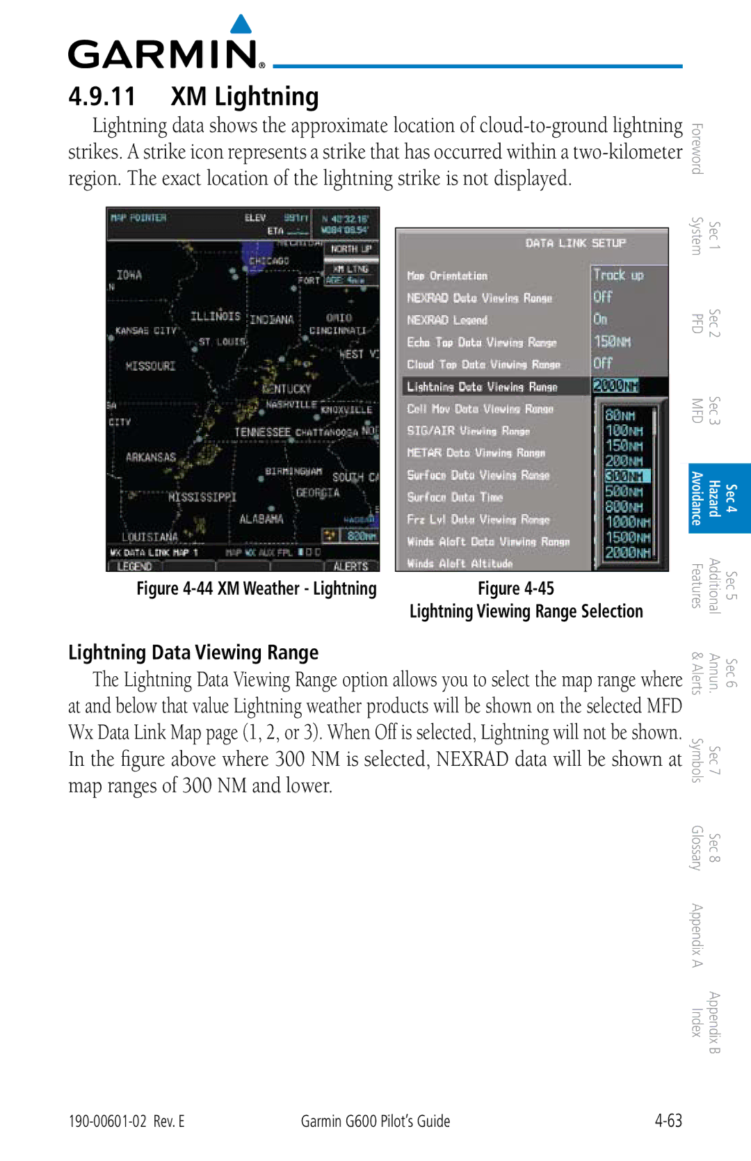 Garmin G600 manual XM Lightning, Lightning Data Viewing Range 