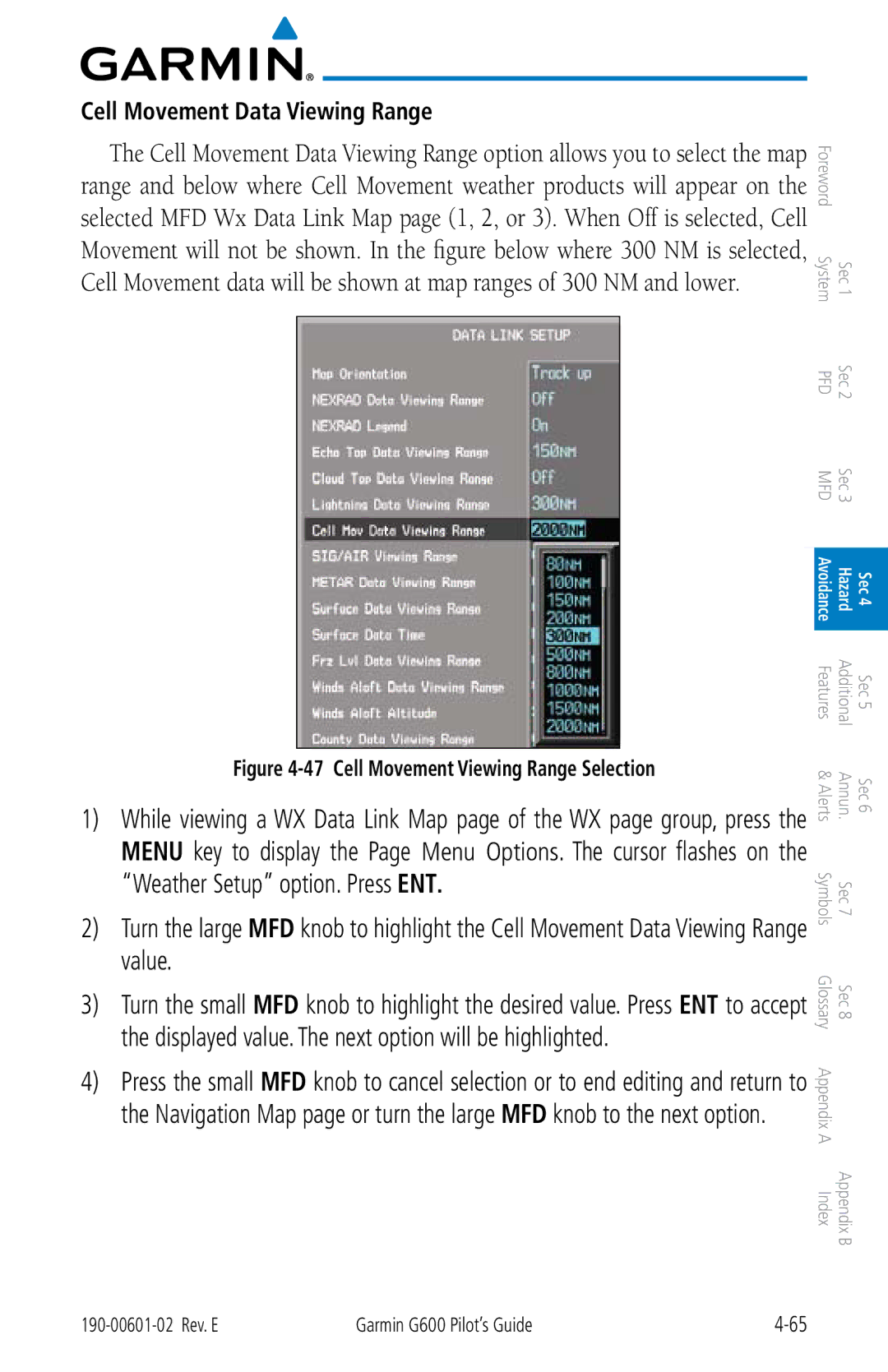 Garmin G600 manual Cell Movement Data Viewing Range, Cell Movement Viewing Range Selection 