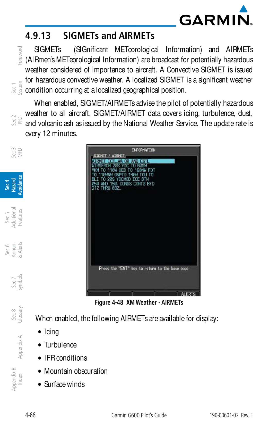 Garmin G600 manual SIGMETs and AIRMETs, XM Weather AIRMETs 