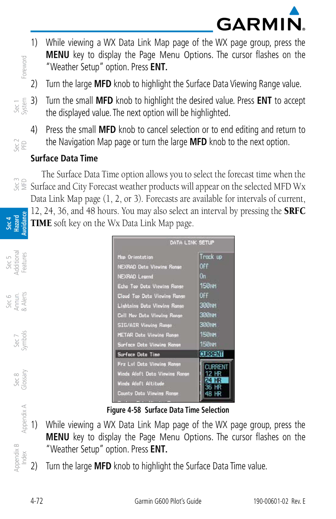 Garmin G600 manual Surface Data Time Selection 