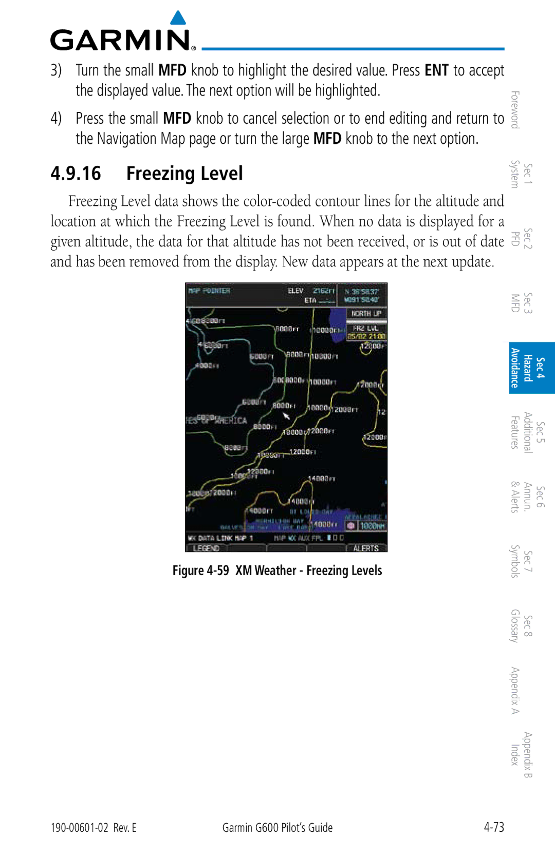 Garmin G600 manual XM Weather Freezing Levels 