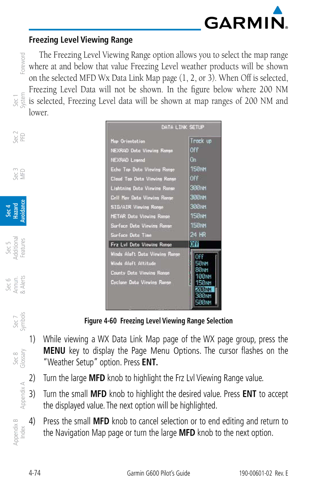 Garmin G600 manual Freezing Level Viewing Range Selection 