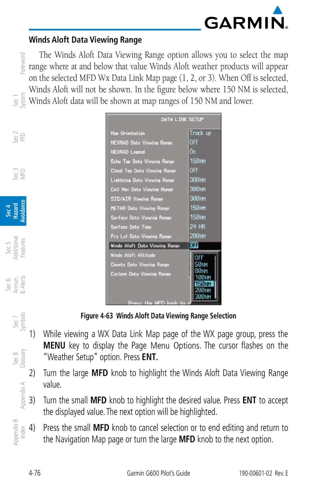 Garmin G600 manual Winds Aloft Data Viewing Range Selection 