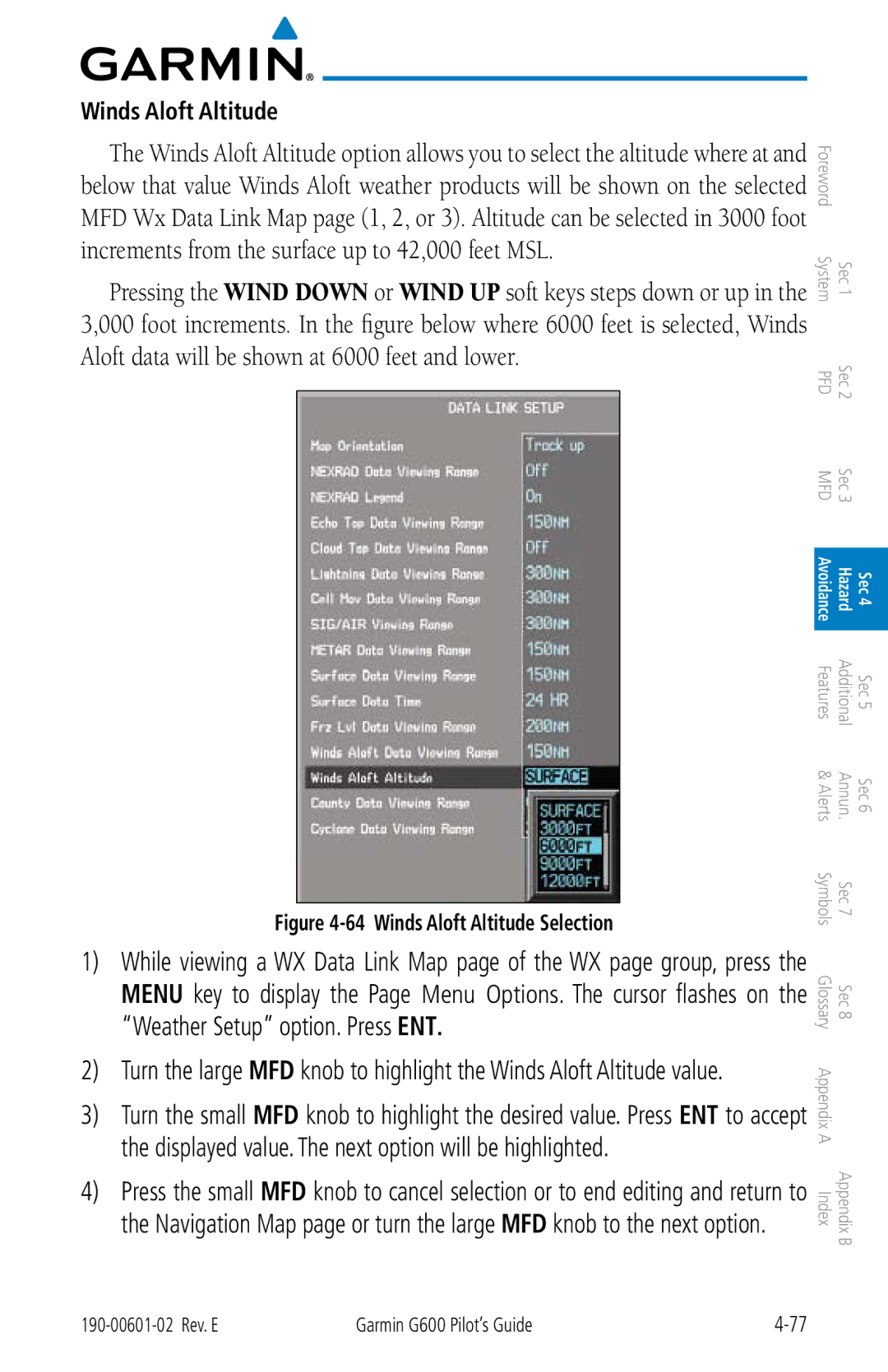 Garmin G600 manual Winds Aloft Altitude Selection 