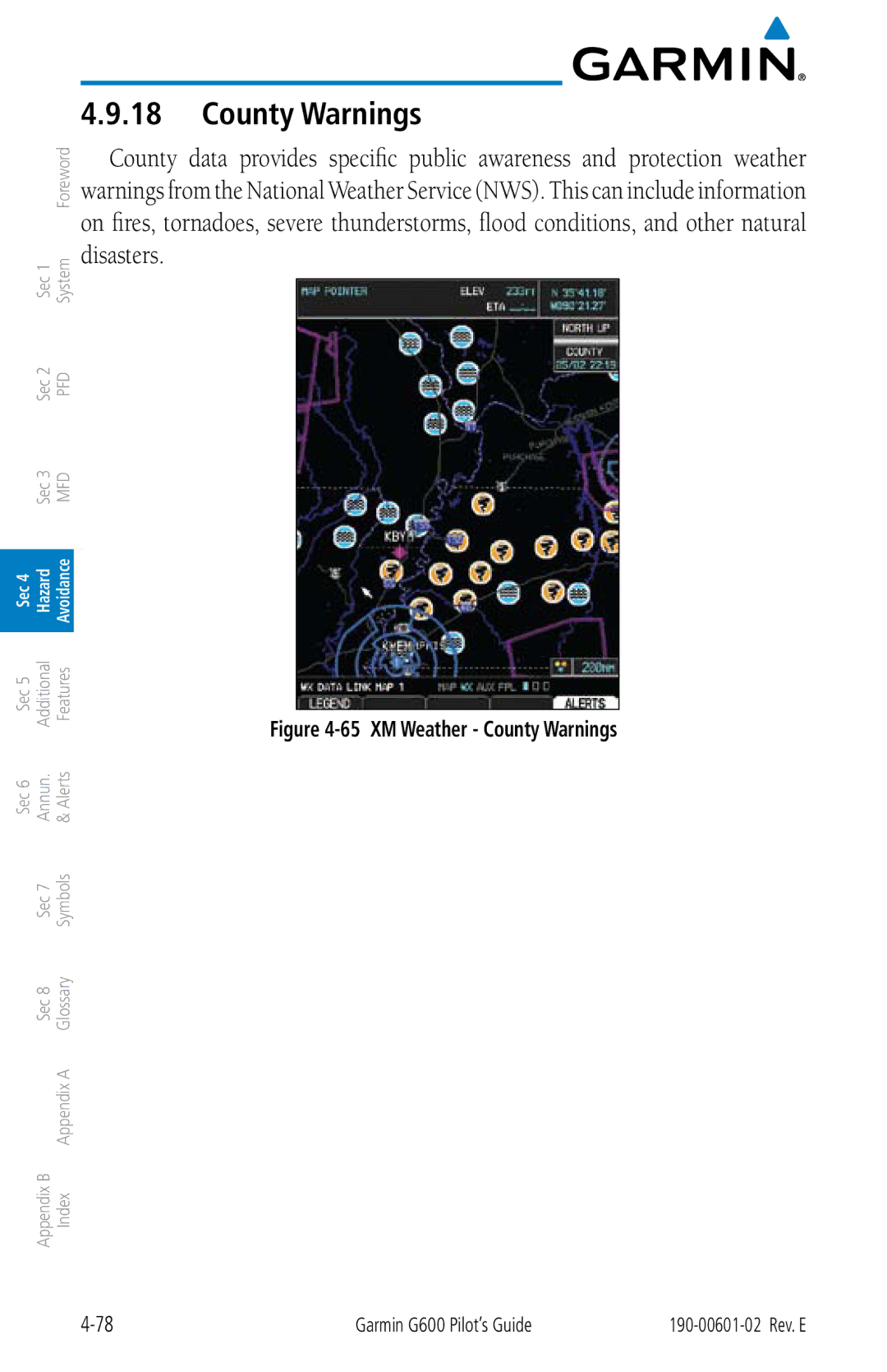 Garmin G600 manual XM Weather County Warnings 