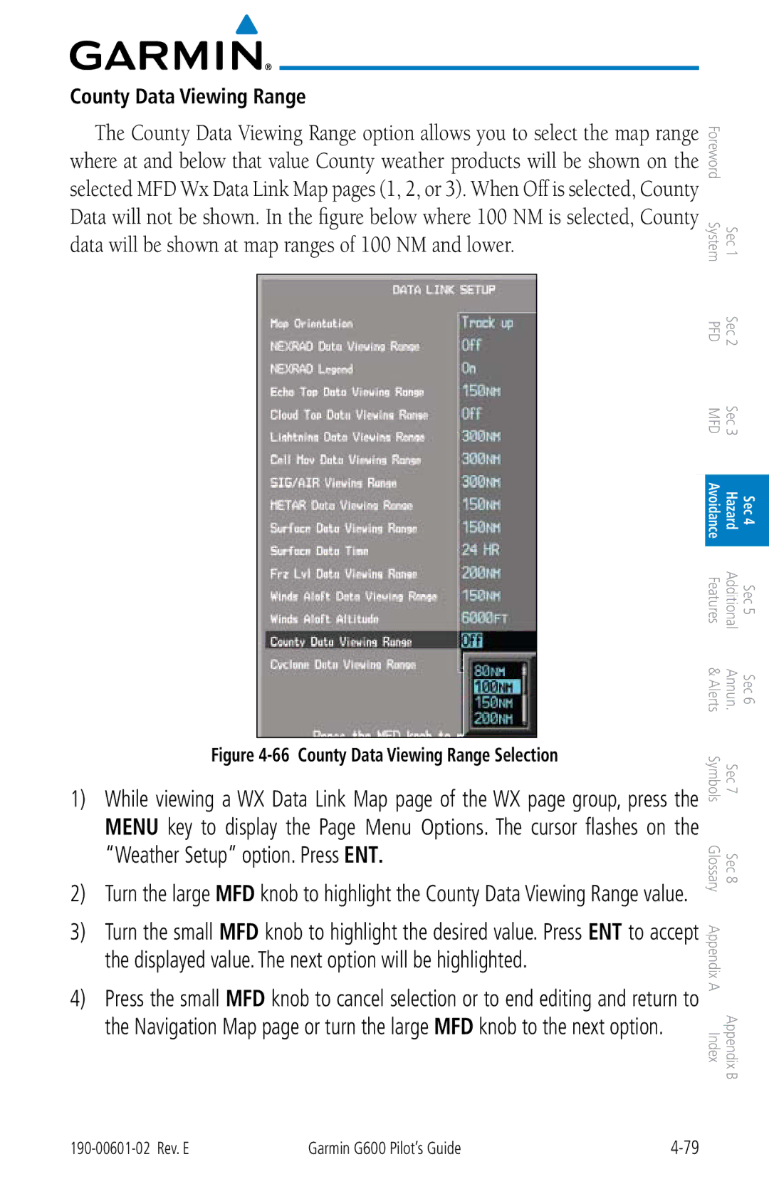 Garmin G600 manual County Data Viewing Range Selection 