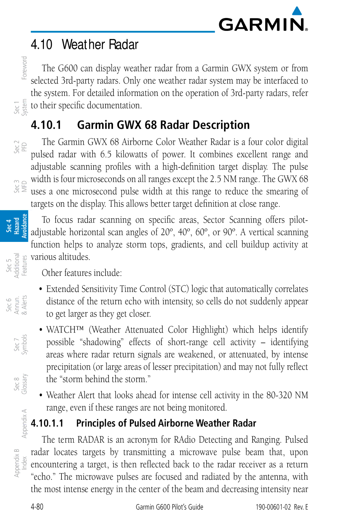 Garmin G600 manual Garmin GWX 68 Radar Description, Principles of Pulsed Airborne Weather Radar 