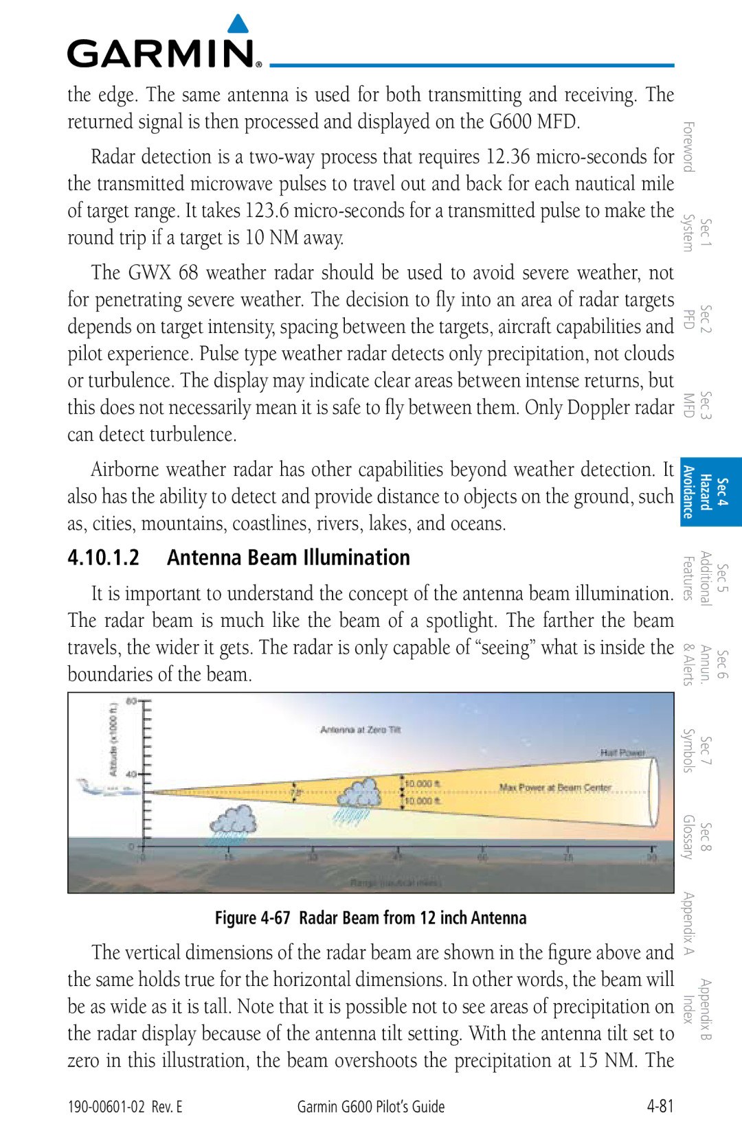 Garmin G600 manual Antenna Beam Illumination, Radar Beam from 12 inch Antenna 