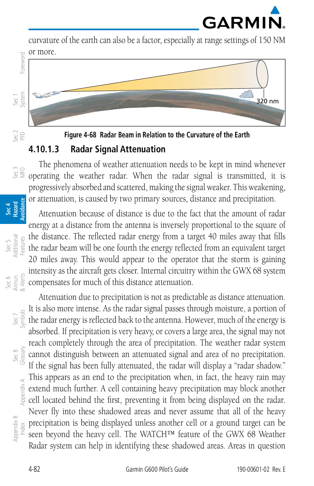 Garmin G600 manual Radar Signal Attenuation, Compensates for much of this distance attenuation 