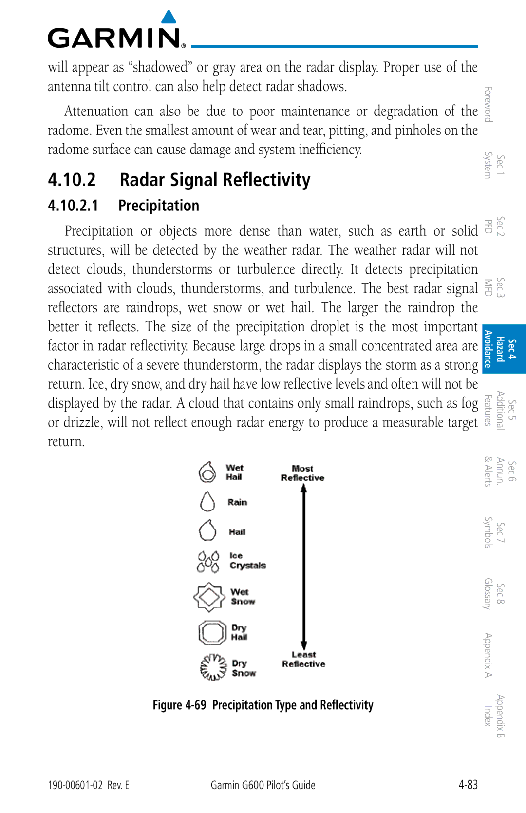 Garmin G600 manual Radar Signal Reflectivity, Precipitation 