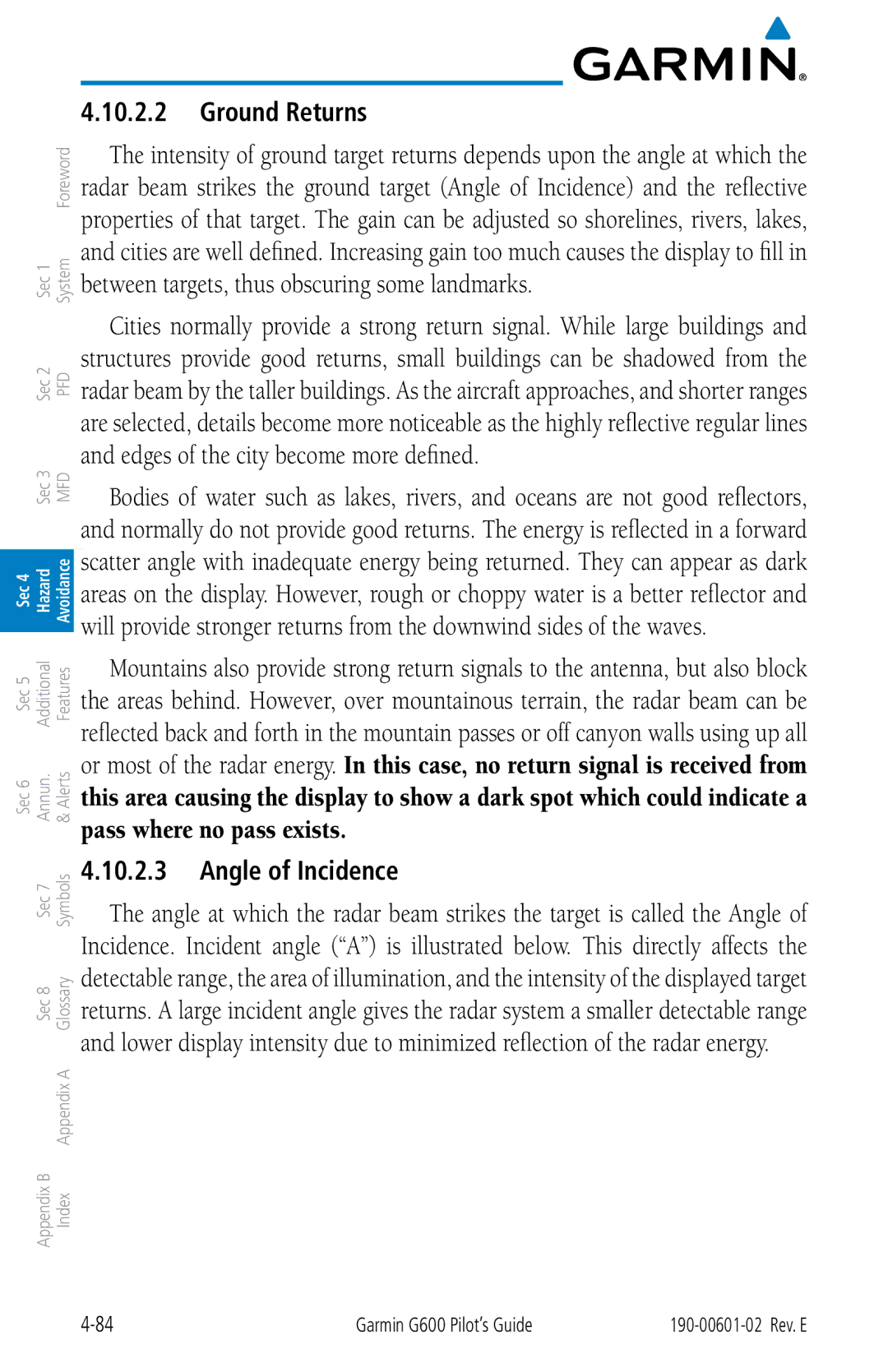 Garmin G600 manual Ground Returns, Angle of Incidence 