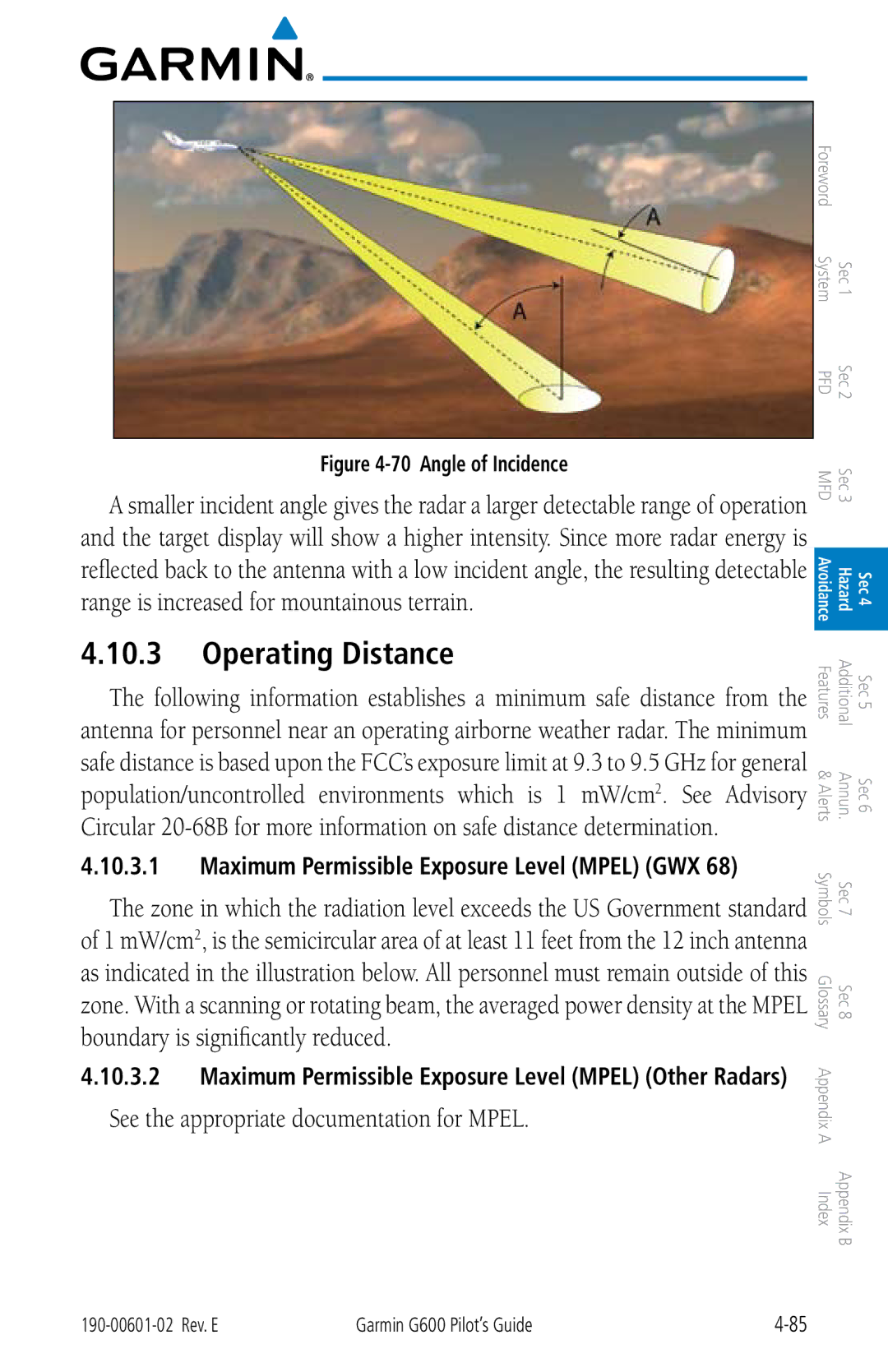 Garmin G600 manual Operating Distance, Maximum Permissible Exposure Level Mpel GWX 