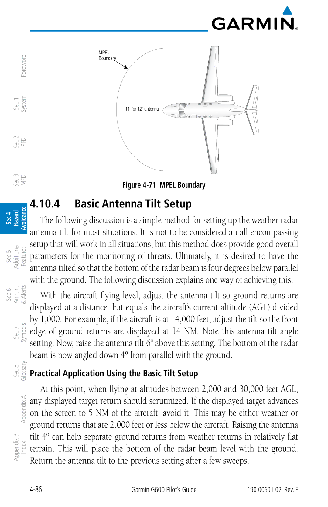 Garmin G600 manual Basic Antenna Tilt Setup, Practical Application Using the Basic Tilt Setup 