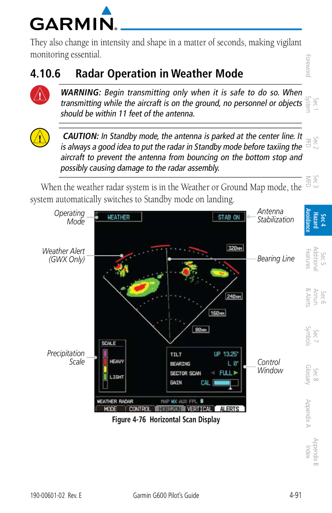 Garmin G600 manual Radar Operation in Weather Mode, Operating Mode Weather Alert GWX Only, Bearing Line, Control 