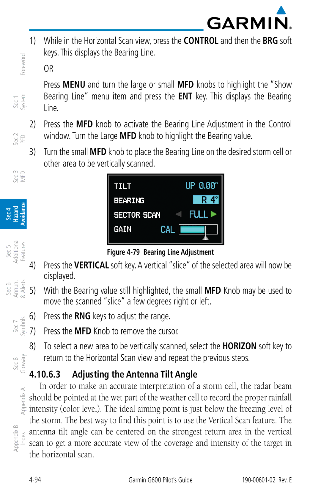 Garmin G600 manual Adjusting the Antenna Tilt Angle, Bearing Line Adjustment 