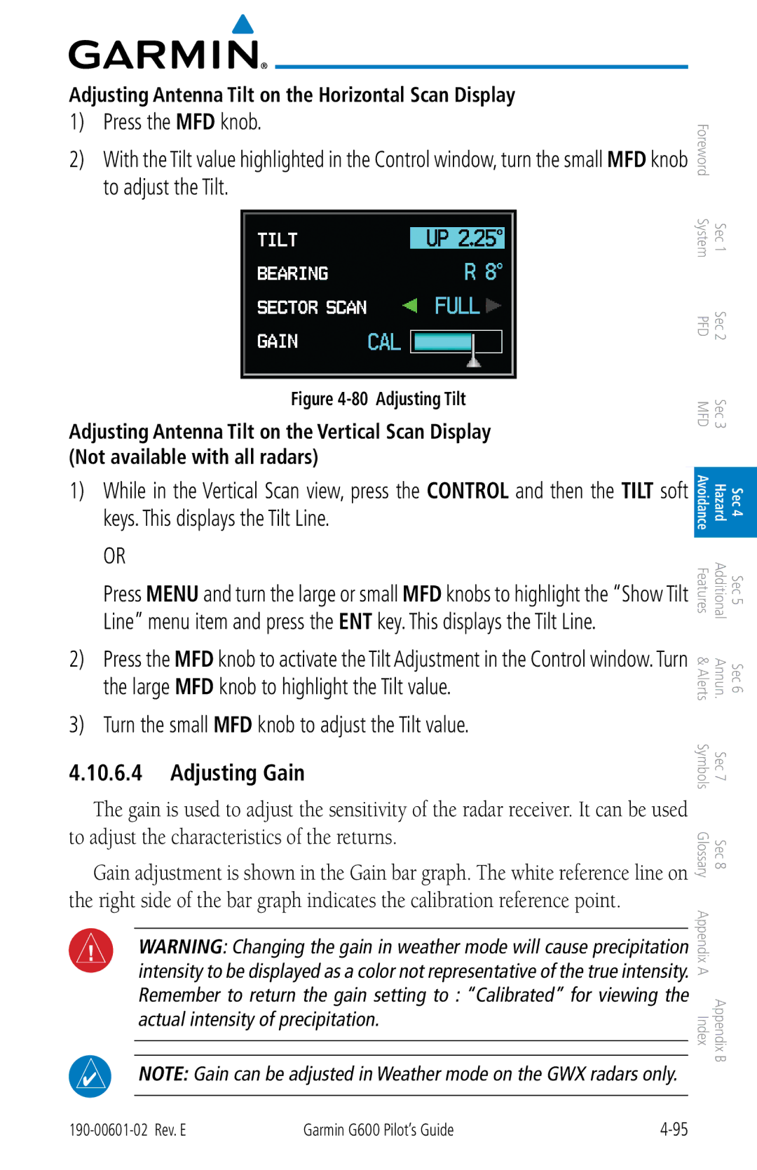 Garmin G600 manual Turn the small MFD knob to adjust the Tilt value, Adjusting Gain 