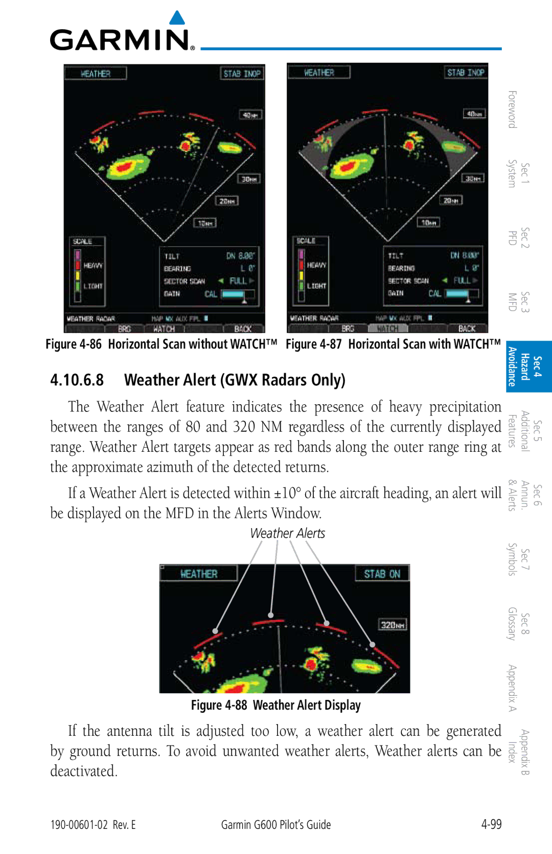 Garmin G600 manual Weather Alert GWX Radars Only, Weather Alerts 