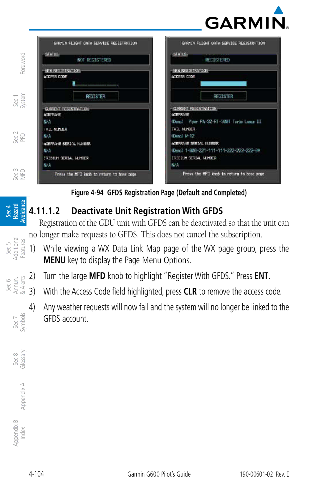 Garmin G600 manual Deactivate Unit Registration With Gfds, Gfds Registration Page Default and Completed 