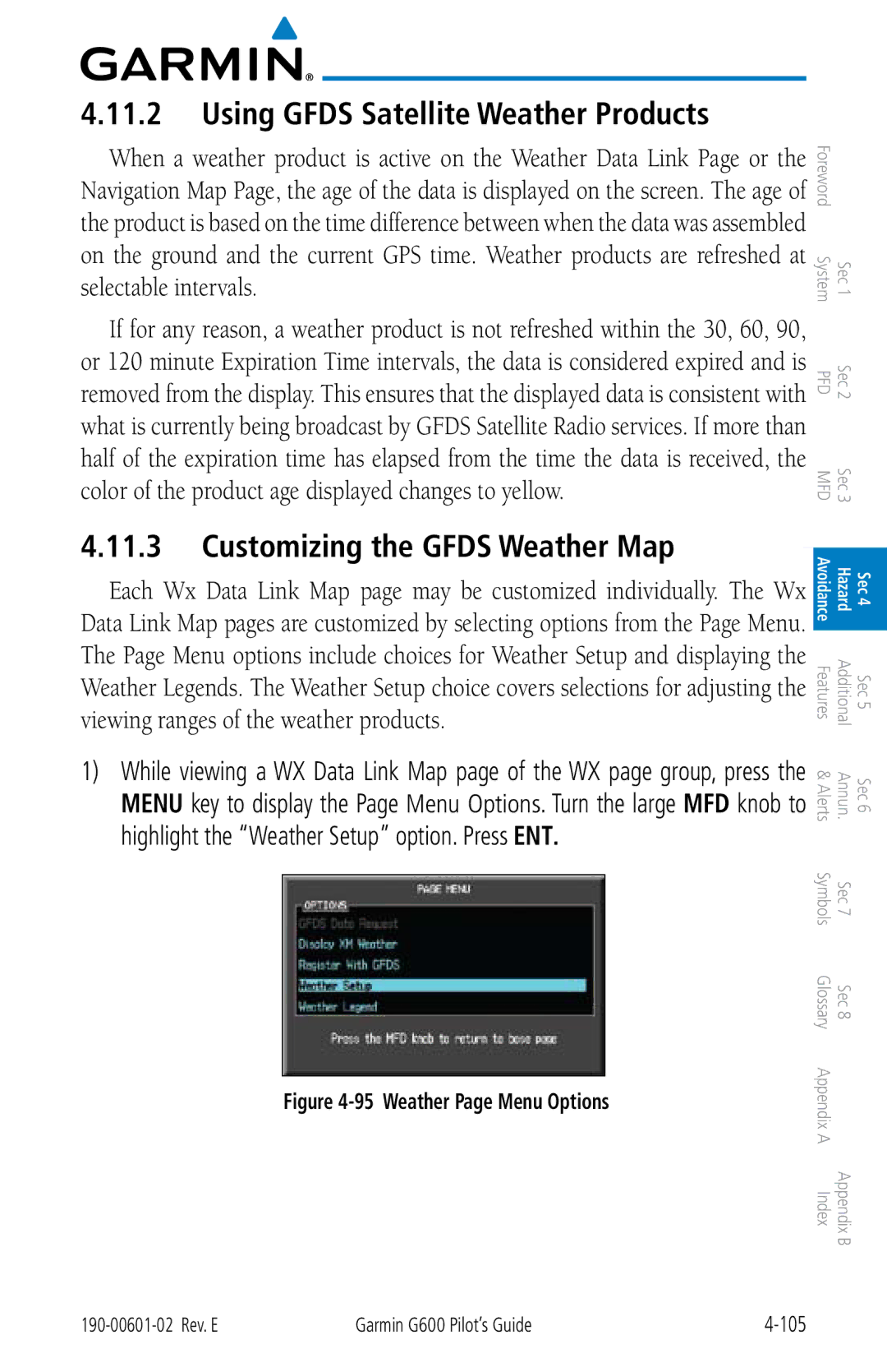 Garmin G600 manual Using Gfds Satellite Weather Products, Customizing the Gfds Weather Map 